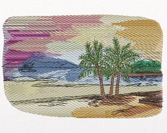 Beach Sunset Embroidery Design: Palm Tree Holiday Pattern (Instant Download)