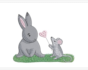 Stickdatei Hase und Maus, Hase mit Maus Stickdatei, Hase Stickdatei, Sofort Download