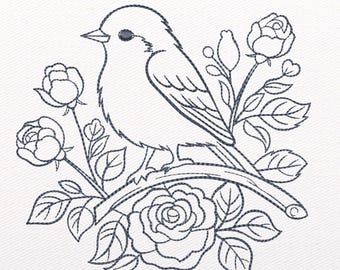Rose Branch Embroidery Design: Wildlife Sketch Pattern, 4 Sizes (Instant Download!)