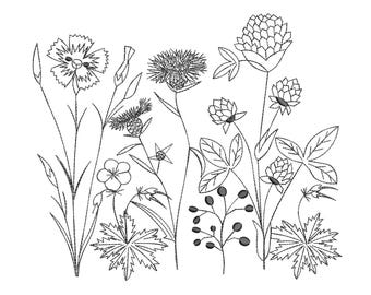 Wildflowers Embroidery Design - Sketch Embroidery Pattern - Nature Embroidery Design - Floral Machine Embroidery Pattern - Instant Download!