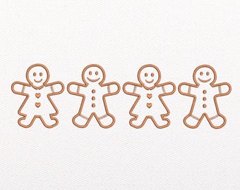 Peut inclure: Un motif de broderie machine représentant quatre personnages en pain d'épice alignés horizontalement. Les personnages alternent entre deux modèles, l'un avec une robe et des boutons en forme de cœur, l'autre avec des boutons ronds, brodés en fil cuivré.