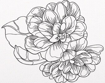 Peonies Sketch Embroidery Design - Large Flower Pattern - Instant Download