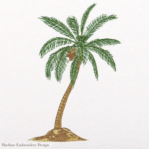May include: An embroidered design of a palm tree with green fronds and a brown trunk. The tree is slightly bent, with a small cluster of coconuts. The design is on a white background. The text "Machine Embroidery Design" is at the bottom.