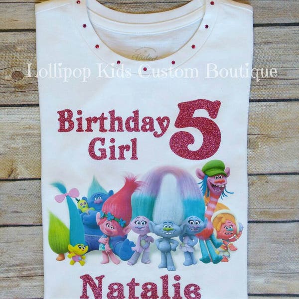 Trolls with sparkle white short sleeve Birthday Shirt