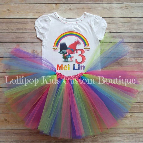 Poppy and Branch Trolls rainbow Birthday white short sleeve Shirt and/or tutu*