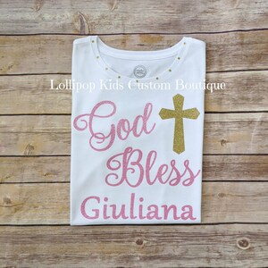 Gold Bless, christening, baptism, add name and date Pink/Gold