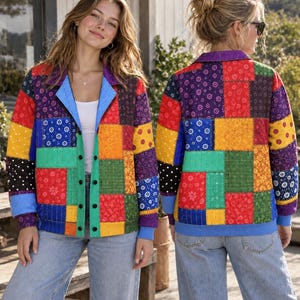 Dolly Parton Coat of Many Colors Cardigan, Patchwork Quilted Style Knitted Jacket, Colorful Country Music Sweater Coat, Retro Folk Art