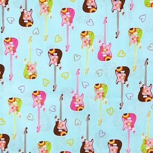 May include: A repeating pattern of colorful guitars and hearts on a light blue background. The guitars are in shades of pink, brown, and green, with floral and rainbow designs. The hearts are yellow and purple.