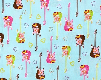 Groovy retro guitar blue fabric, sixties seventies vintage look, cotton woven, Sugar and Spice, Robert Kaufman, musical instrument X1