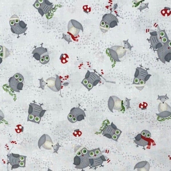 Whimsical forest animals on light gray fabric Christmas foxes, owls, mushrooms cotton woven, Winter Gnomes Debbie Mumm, Wilmington TB1