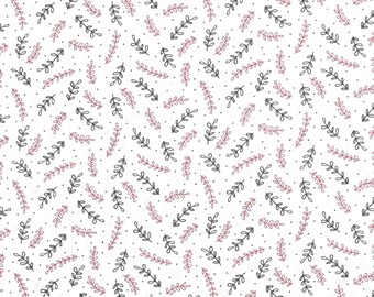 Red and black leaf vine pattern on white cotton woven fabric, precut yard Waverly wt2