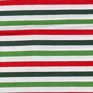 May include: Close-up of a fabric with horizontal stripes in red, white, green, and dark green. The stripes are evenly spaced and run across the entire image, creating a bold and colorful pattern. The fabric appears to be cotton or a similar material.