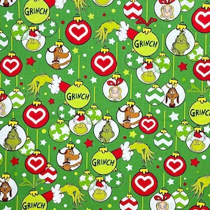 Grinch Christmas fabric ornaments character on green, How the Grinch stole Christmas, Cindy Lou Who, Max the dog, Robert Kaufman (mik2)