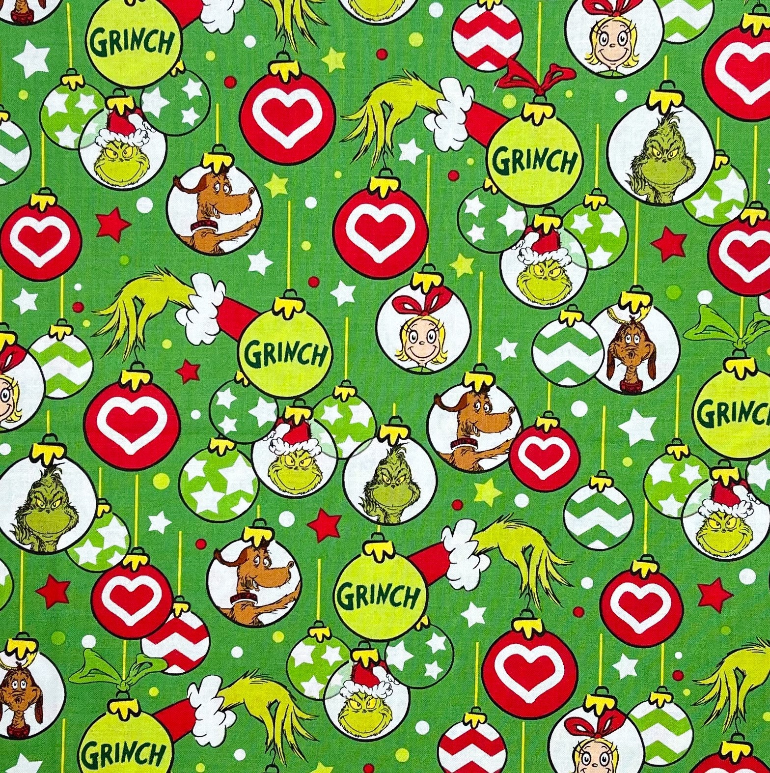 Grinch Christmas fabric ornaments character on green, How the Grinch stole Christmas, Cindy Lou Who, Max the dog, Robert Kaufman (mik2)