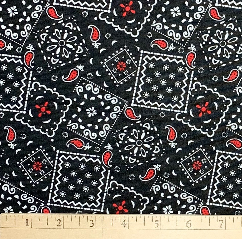 Bandana Fabric Black Red White Bandana Print Paisley Etsy