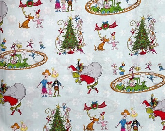 How the grinch stole Christmas blue fabric, Dr. Suess holiday classic cartoon, Whoville novelty cotton woven, Cindy Lou, Max the dog, (J3)