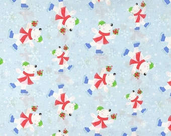 Ice Skating Polar bears fabric, on light  blue, winter fun Christmas gifts Holiday novelty cotton woven, tossed by the yard, whimsical WR8