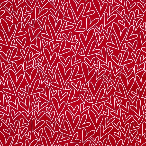 White drawn hearts on red cotton woven fabric, “Sending Love”, by Riley Blake, Valentines holiday novelty, love LK1