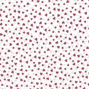 May include: White fabric with a repeating pattern of small, red hearts and tiny gray dots scattered across the surface. The hearts vary in size and are evenly distributed, creating a romantic and playful design.
