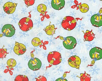 How the grinch stole Christmas ornaments on blue fabric, Dr. Suess holiday classic cartoon,  snowflakes cotton woven, Cindy Lou, Max (mik)