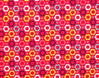Bright Flowers on coral fabric, seventies retro look, Field of Daisies by Roxie funky, colorful cotton woven, geometric, by the yard DH1