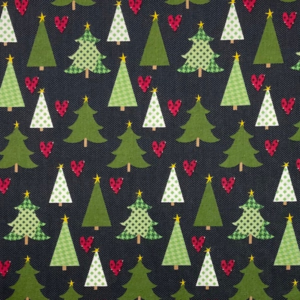 Patterned green Christmas trees fabric on black background with gray dots patchwork cotton woven, hearts, rustic winter Joann fabrics, (J16)