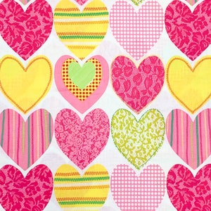 Bright yellow, pink and green patchwork look hearts on white fabric, Spring cotton woven,  Waverly Inspirations, Easter Valentines PAM1