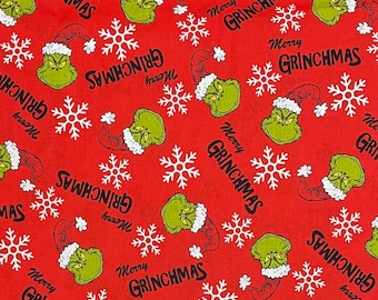 Grinch on red fabric, how the grinch stole Christmas, Merry Grinchmas, Christmas classic cartoon character j27