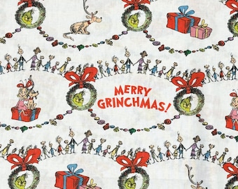 Grinch Whoville singing white fabric, Merry Grinchmas, Cindy Lou Who, Max the dog, gifts, wreaths, decorations, presents mik
