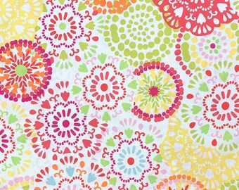 Bright color mandala look white fabric, wheels, boho medallion fabric, cotton woven, geometric vibrant circles, waverly inspirations QF8