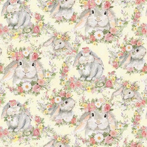 Hello Spring Bunny Fabric, Susan Winget Easter holiday cotton woven novelty, by the yard, watercolor (J29) Pre-cut pieces