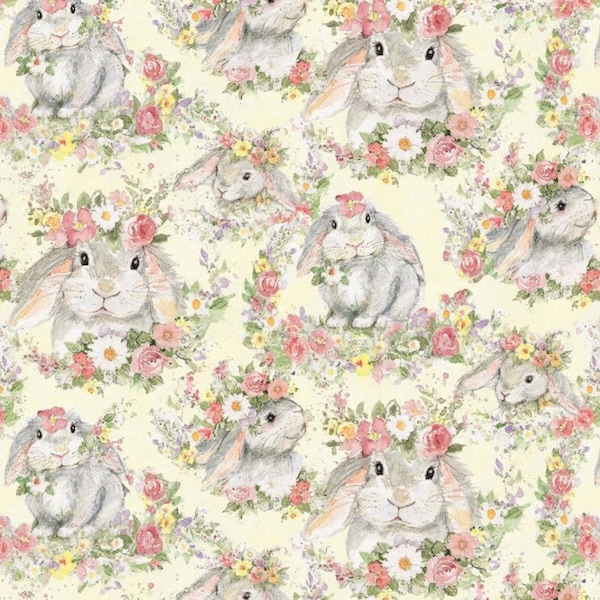 Hello Spring Bunny Fabric, Susan Winget Easter holiday cotton woven novelty, by the yard, watercolor (J29)