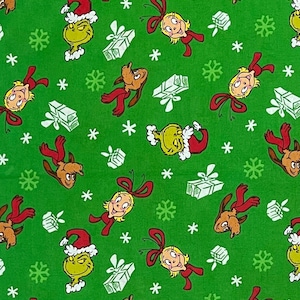 Grinch faces on green fabric, Presents Cindy Lou Who, Max dog, How the Grinch stole Christmas, cotton woven, Holiday cartoon novelty, j26