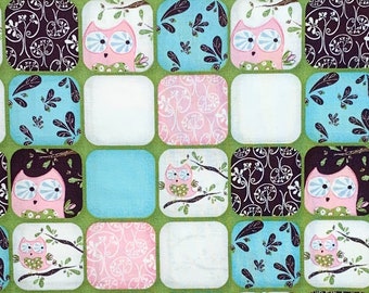 Whimsical Owl pink green fabric,  cotton woven, Hoot Hoot Owls by Emma and Mila, pink owls in green squares, nature bird, by the yard, AS1