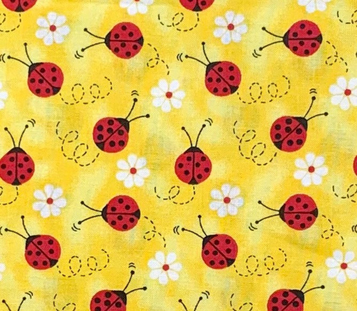 Red Ladybug yellow fabric flowers cotton woven novelty Etsy