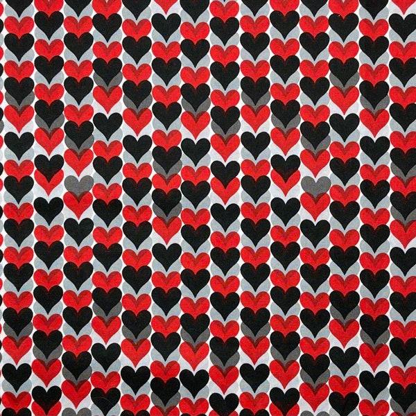 Red, gray and black hearts on white fabric, vertical  overlapping stripe Valentine’s Day holiday cotton woven, lines, Joann fabric (J19)