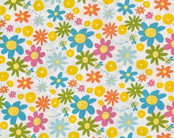 Bright colorful floral fabric, Teal, green, pink yellow flowers on white, bees, Free Spirit David Walker Garden cotton woven fl4