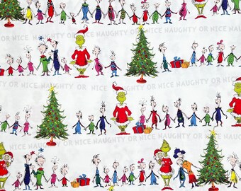 How the grinch stole Christmas  fabric white whoville singing Christmas tree, naughty or nice, Robert Kaufman, Dr. Suess cotton woven j3