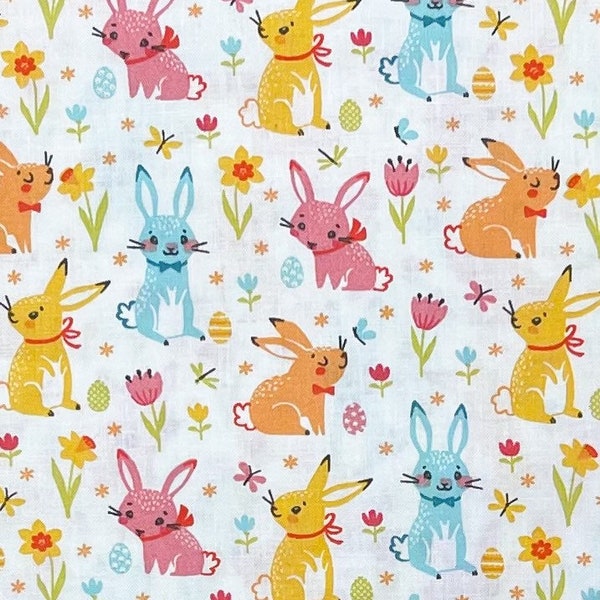 Spring Easter bunnies in pink, blue,  yellow and peach white fabric, cute rabbits holiday cotton woven, eggs flowers retro look J23