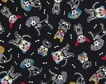 Sugar skull dog black fabric, Halloween skeleton novelty cotton woven, day of the dead, dia de los Muertos (J7)