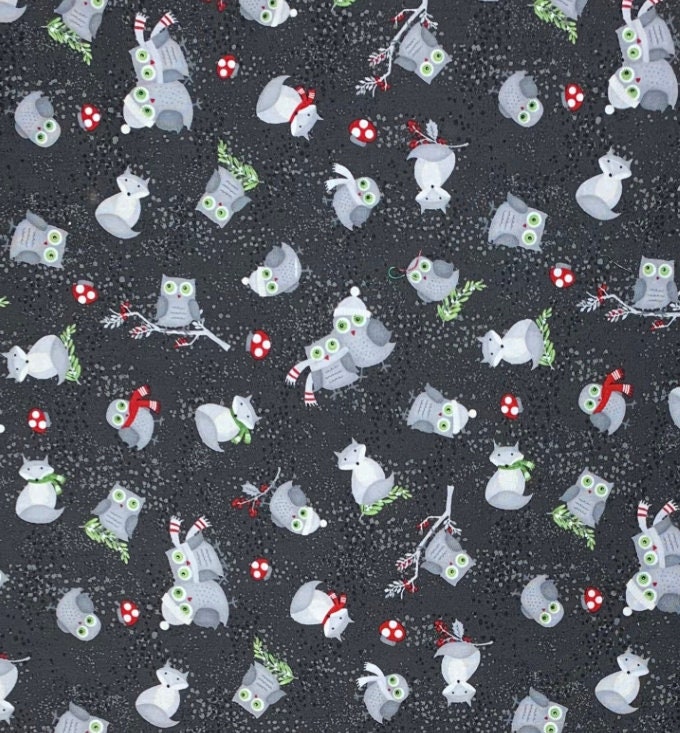Whimsical Woodland Owl fabric, Christmas foxes on charcoal, mushrooms cotton woven, Winter Gnomes co