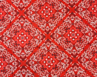 Red bandana print fabric, red, white and black floral paisley tile fabric, badana fabric, 4th of July, red fabric, white flower, bandana wt5