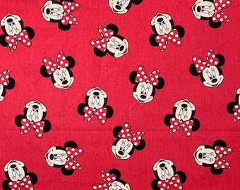 Minnie Mouse on red fabric, Classic Disney character cotton woven, novelty, Minnie head polka dot bow tossed, by the yard (J6)