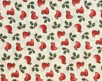 Christmas birds fabric, red birds on cream cotton, Holly leaves, Holly and berries fabric, Christmas cotton fabric A1