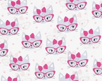 Gray cats with bright pink glasses on white fabric, Easter Spring holiday cotton woven, Joann fabric, pink bow cats cc1