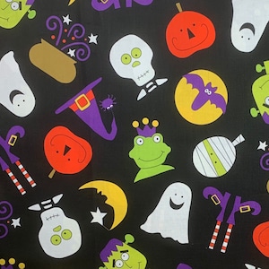 Halloween monsters black fabric, ghosts, mummies, Jack-o-lantern, bats, skulls, holiday novelty by the yard, orange Andover fabrics ZL1