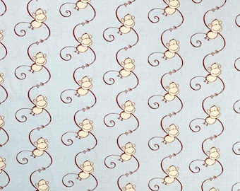 Hanging Monkeys create stripes on blue fabric, zoo animal cotton woven, brown blue, room idea, jungle, boys will be boys by Westminster WR1