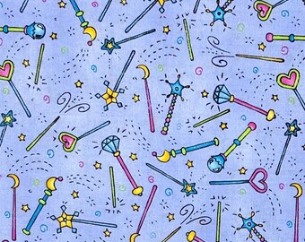 Magic fairy wands fabric, magical fairy lady collection cotton woven, periwinkle magic wand, once upon a time again, SSI, TCC1