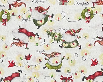 Christmas gnomes fabric, red, green on cream off white Susan Winget, Holiday wreath bulbs lights trees cotton woven j27