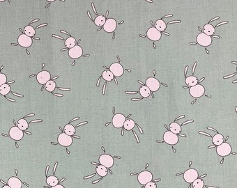Ric Rac Rabbits fabric, pink bunnies on gray cotton woven, Spring, Easter holiday novelty, scattered rabbits (cc2)